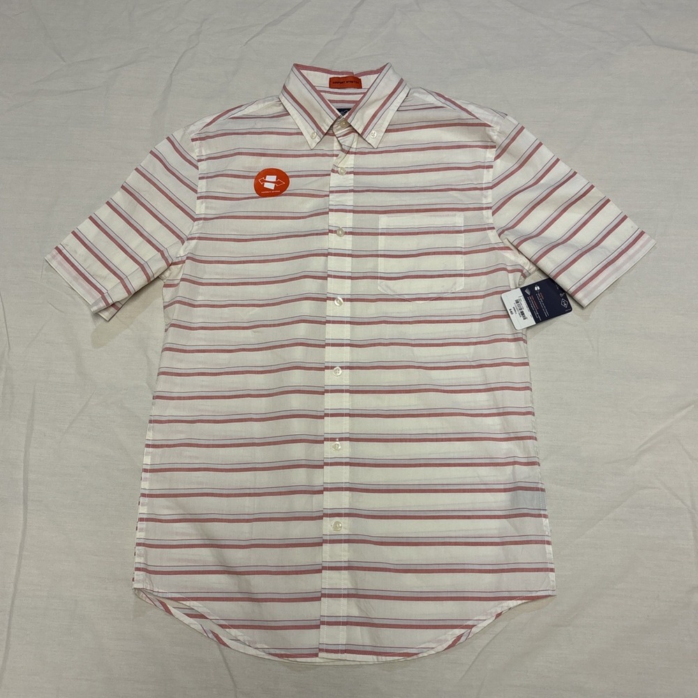 St Johns Bay Shirt Men S Button Up Short Sleeve Red Striped Casual Stretch